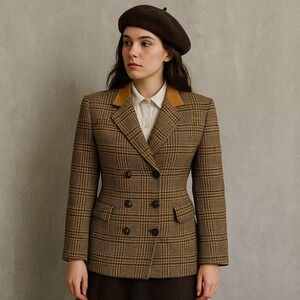 Vintage‎ 80s 90s The Limited Plaid Wool Blend Blazer M Suede Collar Equestrian